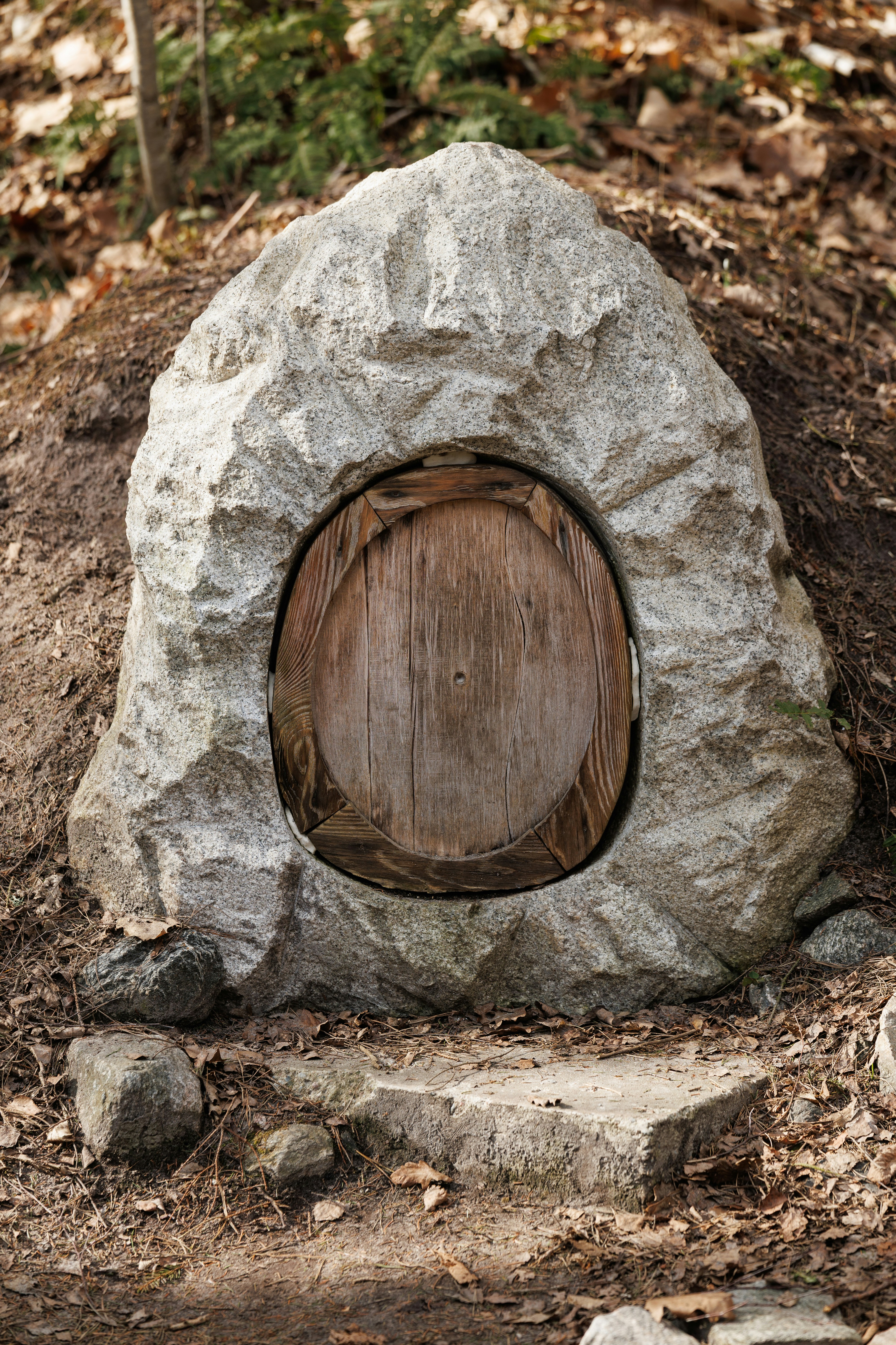 A small rustic wooden hobbit-style door is set into a large rounded grey boulder on a forest path. A whimsical art installation in a Kaliningrad-area park.